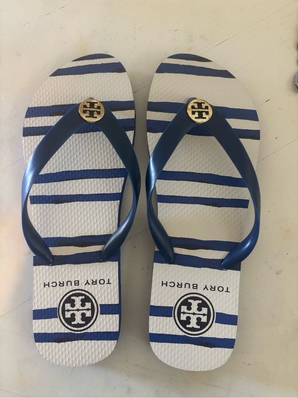Tory Burch Blue & White Striped Flip Flops with Gold Logo